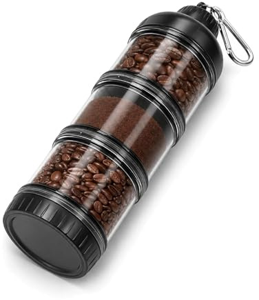 Raoletin 4 Stage Travel Airtight Coffee Bean Storage Container, Clear Coffee Canister Jar with 3 x 150ml Parts and Carabiner for Beans, Grounds, Tea, Cereal, Nuts, Snacks and Gym Bag Use