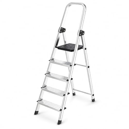 Scala in Alluminio 5 Gradini - Portata 150kg, Certificata EN131 - Antiscivolo, Ultraleggera e Salvaspazio - Uso Domestico e Lavorativo - Pratica da Aprire, Chiudere e Riporre (1 Scala, 4+1 Gradini)