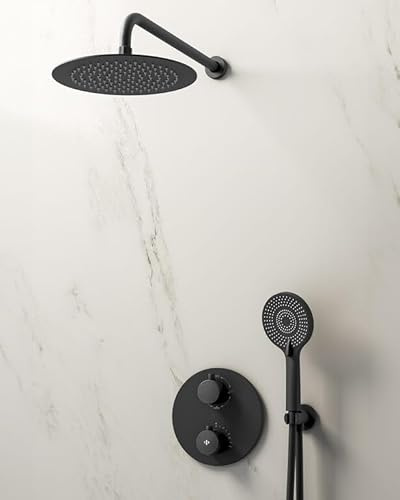Sistema de ducha empotrado termostático negro mate con rociador extraplano 25 cm y mango 3 funciones – conjunto completo GME