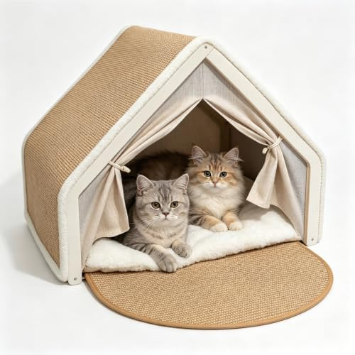 Sisal & Holz Katzenhöhle Katzenhaus Indoor mit Oben Kratzbrett Katze(Beige) | Katzenbett, Abnehmbarem Kissen, Katzenspielzeug Katzen rückzugsort lärm
