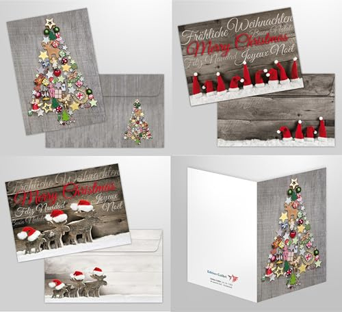 Edition Colibri 15 Weihnachtskarten mit Umschlag Set, 3 x 5 Stück; A6, nostalgische Weihnachtskarten, Shabby, Vintage, Landhaus-Stil, Tannenbaum (11002-4)