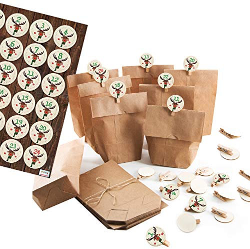Logbuch-Verlag 1-24 Bastelset Adventskalender mit Kraftpapier Tüten für Kinder und Erwachsene zum Selbermachen und Befüllen
