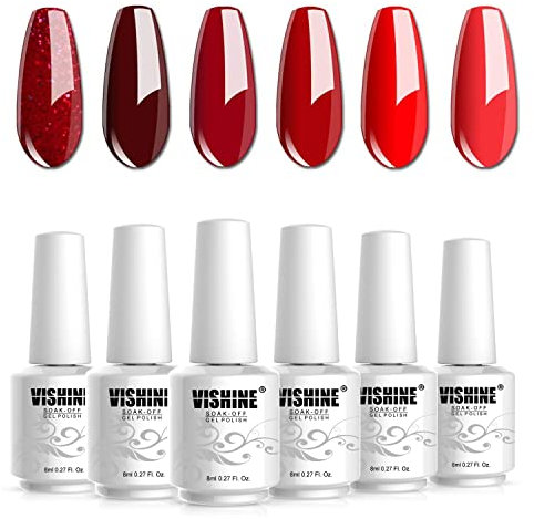 Vishine Bordeauxrot Glitter Nagellack, semi-permanent, Set mit 6 Gel-Nagellacken, glänzend, UV, LED, Soak Off, Nail Art, 8 ml
