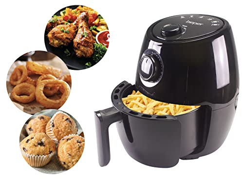 BEPER P101FRI001 Friggitrice ad aria calda, Senza Olio, Timer e Temperatura regolabile, Recipiente e griglia rimovibili, Capacità 2 litri, Potenza 1000 Watt, Nero
