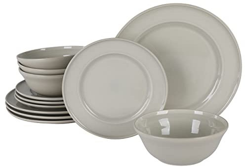 Martha Stewart Portillo - Juego de vajilla de cerámica reactiva de 12 piezas, color gris