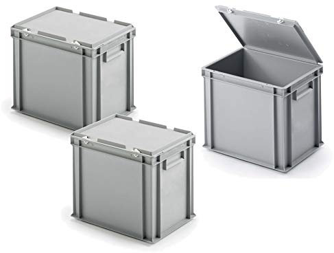 BRB 3x Eurobehälter mit Scharnierdeckel, LxBxH 400x300x330 mm, grau