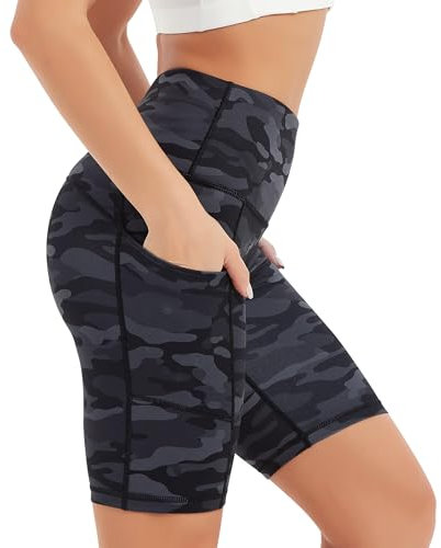 COOLOMG Damen Kurze Laufhose Yoga Shorts mit Taschen Radlerhose Sporthose Gym Fitness Workout Camo_schwarz XL