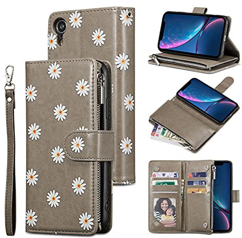 QLTYPRI Case for iPhone XR, Large Capacity Leather Wallet Case 6 Card Holder & 1 Zipper Pocket Kickstand Daisy Pattern Protective Cover for iPhone XR - Gray