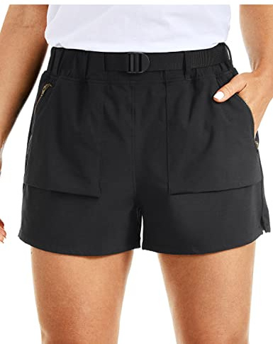 CRZ YOGA Damen Leicht Wandern Shorts mit Gürtel Sportshorts Kurze Hose Laufshorts mit Taschen - 7.6cm Schwarz 40