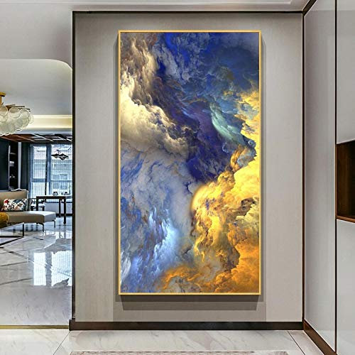 Moderne Kunst Abstrakte Goldene und Blaue Wolke Nebel Nordic Wandkunst Leinwand Poster und Drucke Bild für Wohnzimmer Dekor 75x150cm (30x59in) Mit Rahmen