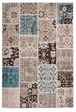Qiyano Teppich Kurzflor - Skandi Patchwork Muster, Blumenmuster, kariert, Vintage Stil, Modern - Wohnzimmer, Schlafzimmer, Esszimmer, Büro - Farbe: Taupe, Größe: 200 x 290 cm