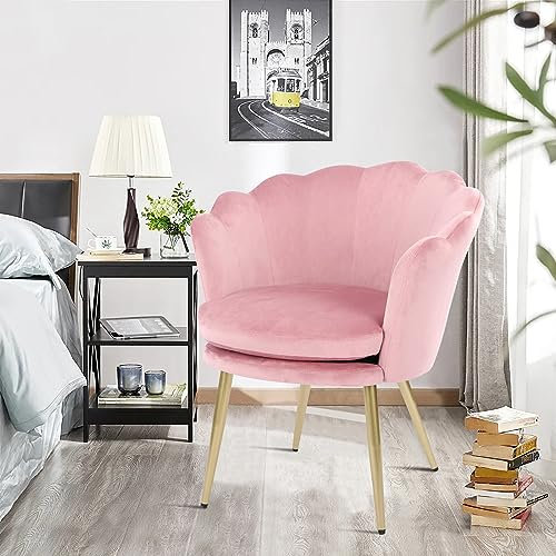 WOLMICS Schminktischstuhl aus Samt Bürostuhl 150KG für zu Hause,Ergonomischer Schreibtischstuhl für Homeoffice,Sessel Schlafzimmer mit Blütenblätter Rückenlehne Polster für Schlafzimmer Rosa+Gold