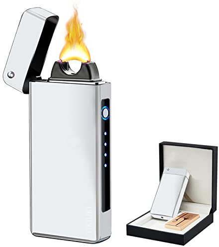 TIKIUKI Elektrisches, wiederaufladbares, flammenloses, winddichtes Plasma-Feuerzeug – Butanfrei mit Hochleistungsbatterie für Kerzen (Silber)