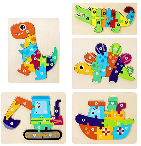 Holzpuzzle Spielzeug für Kleinkinder, 3D Holz Montessori Steckpuzzle, Tiere Lernendes Pädagogisches Holzspielzeug Geschenk für Kinder 2 3 4 5 Jahre Jungen und Mädchen (5 Stück)