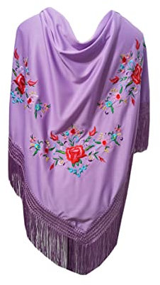 BRANDELIA Mantoncillos bordados grandes de flamenca mujer Mantones de pico típicos Feria de Abril Sevilla baile flamenco sevillanas, Bordado Lila (175 x 85cm)