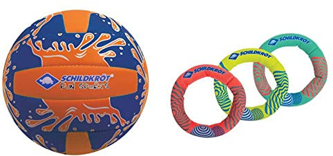 Schildkröt Funsports Neopren Mini-Beachvolleyball GR. 2 Ø 15cm & 3 Tauchringe mit Sandfüllung, Ø 14cm, gut zu greifen, Stehen am Grund, Neopren Diving Rings, 970326