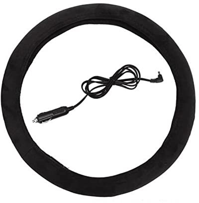 ihreesy 12V Beheizbare Lenkradabdeckung, 38cm Winter Plüsch Lenkradschoner Lenkradbezug Lenkradhülle Heizung Warmer Universel für Auto SUV,Schwarz