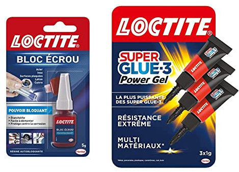LOCTITE Colle Bloc Écrou - Résine autobloquante pour éviter le desserage par vibration de boulons, 5 ml & Super Glue-3 Power Gel Mini Dose, colle forte enrichie en caoutchouc, lot de 3 tubes 1 g