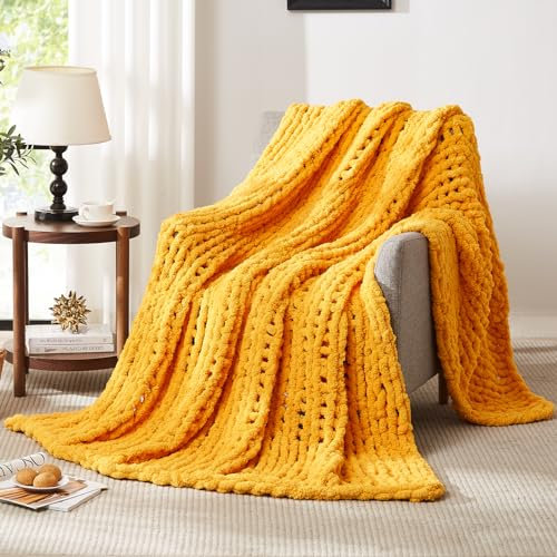 L'AGRATY Chunky Knit Blanket Throw - Soft Chunky Throw Blanket 60x80: 100% Hand Kintted Chenile Crochet Throw Blanket for Couch - Large Cable Knit Chunky Blanket for Home Decor(Mustard Yellow)