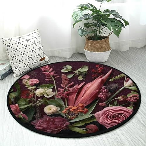 DNOVING Teppich, rund, 91 cm, Bordeaux-Blumen, rutschfest, weich, ideal für Badezimmer, Küche, Wohnzimmer, waschbar, kein Ausfallen