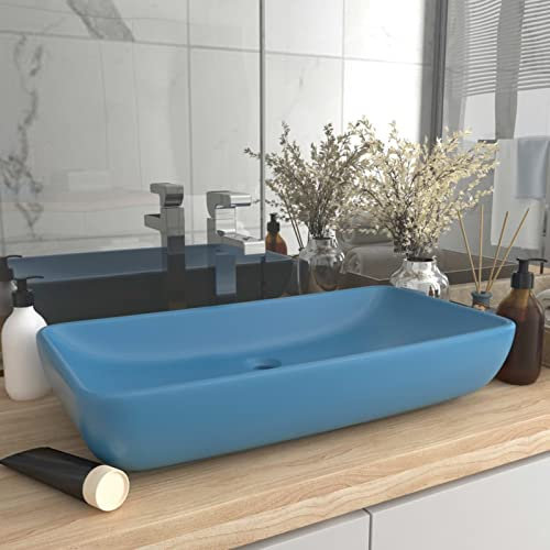 Homgoday Lavabo di lusso rettangolare in ceramica blu chiaro opaco, 71 x 38 cm, lavello da appoggio, lavabo per bagno, lavabo da bagno per piccolo guardaroba e bagno