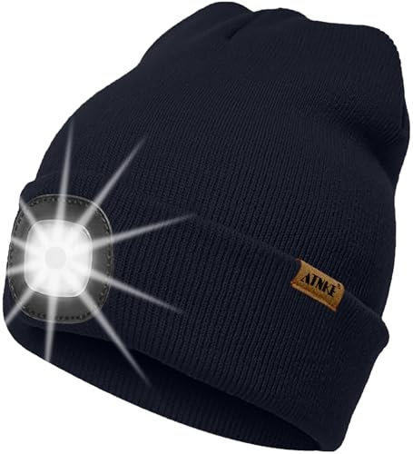 ATNKE LED Beleuchtete Mütze mit Licht,Wiederaufladbare USB 4 LED Beleuchtete Laufmütze Extrem Heller Lampe Winter Warme Stricken Mütze Technik Geschenke für Herren und Damen/Navy