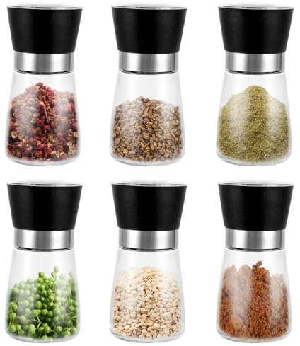 FWEEK 6er Set Salz und Pfeffermühle, 180 ml Gewürzmühle mit Manuell Einstellbarem Keramikmahlwerk, 13X6.4CM Transparent Gewürzmühlen Set für Verschiedene Gewürze