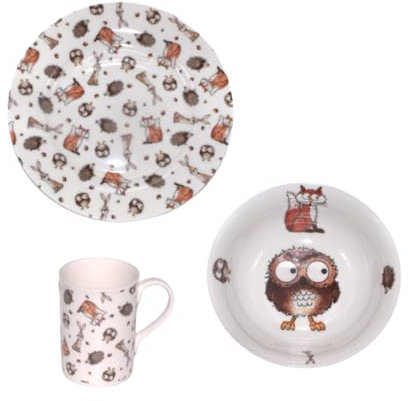 Bone China Woodland Animals Breakfast Set - 8 Inch Plate, Cereal Bowl & Mug