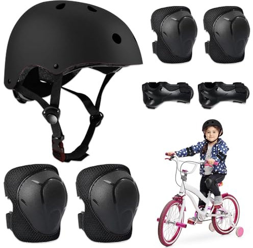 BNGXR Equipo de Protección Infantil, 5 in 1 Protecciones Patines Incluye Casco Rodilleras y Muñequeras Casco Set de Protección para niños 3-11 años Bicicleta Monopatín y Deportes Extremoscon(Negro)