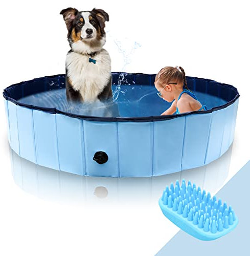 Cecaylie Zusammenklappbarer Hundepool für Große & Kleine Hunde, 160 x 30cm Swimmingpool mit Ablassventil, Auslaufsicher, für Drinnen und Draußen, rutschfest Tragbar Hundebadewanne Hundebad Blau