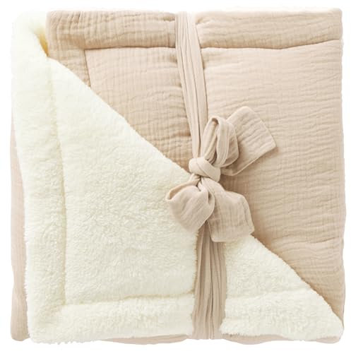 Couverture Peluche Double Gaze & Microfibre (Biscuit) - Ultra Douce et ouatinée pour Un Confort Optimal – Idéale dès la Naissance – Verso en Double Gaze de Coton – Parfaite pour l’Hiver