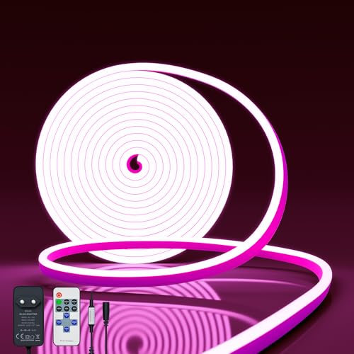 NELUX Neon Ruban LED Exterieur 5 mètres, Bande Lumineuse LED Etanche Rose, Bandeau Néon Tube Flexible Murale, Enseigne Lumineux Decoration Chambre Strip. Comprend Télécommande et Alimentation 12V