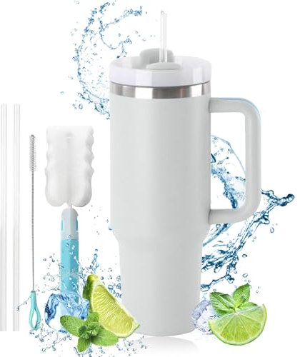 Doppelwandiger Edelstahl Vakuum Isolierbecher,Tragbare Autobecher,Becher Tumbler 1200ML,Thermobecher mit Strohhalm und Henkel,Isolierter Thermo Trinkbecher Edelstahl.