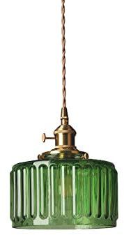 EKSED Hängelampe aus Messing mit vertikalem gestreiftem Glasschirm, Drehschalter und goldenem geflochtenem Kabel - Hängeleuchte für Kronleuchter (Grüne Streifen)