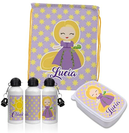 PACK VUELTA AL COLE Mochila de cuerdas, botella y fiambrera personalizada. Ideal para ir al colegio o actividades extraescolares. Regalos personalizados. Diferentes modelos a elegir (Rapunzel)