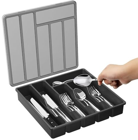 Silverware Organizer With Lid - Silverware Storage Organizer Tray - 6 Compartments Spoons Forks Knives Holder Case, Covered Cutlery And Flatware Storage Box
