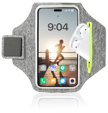 Yuexitech Brassard Telephone Sport, Brassard De Sport avec Airpods Clé De Voiture Poche Zippée pour Iphone 15 14 13 12 Pro Max XR XS X 8 7, Porte Telephone Course A Pied 6.8 pour Jogging (Gris)