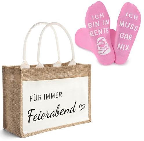Rentner Geschenk Frau, Geschenken für Rentner Enthalten Jute Einkaufstasche und Socken, Jute Tote Bag für Renteneintritt Frauen, Rentner Socken für Männer Frauen, Geschenk für Kollegin Frauen Mama