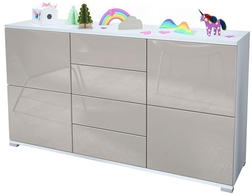 Vladon Sideboard Rova V1, Kommode mit 4 Türen und 4 Schubladen, Weiß matt/Sandgrau Hochglanz (138,5 x 75,5 x 35)