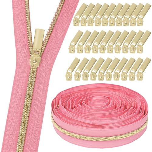 GUBOCA 9 M Reißverschluss,Näh Endlosreißverschluss mit Zipper,mit 30 Stück Reißverschlüsse Zubehör für Taschendekoration (Gold,Pink)
