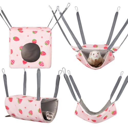 Hedgeink Maison Hamac pour Hamster Lot de 4 Accessoires de Cage à Rats Lavables Lit Cachette pour Cochon d'Inde Nid Suspendu Doux pour Furet Balançoire Cabane Literie pour Petits Animaux pour