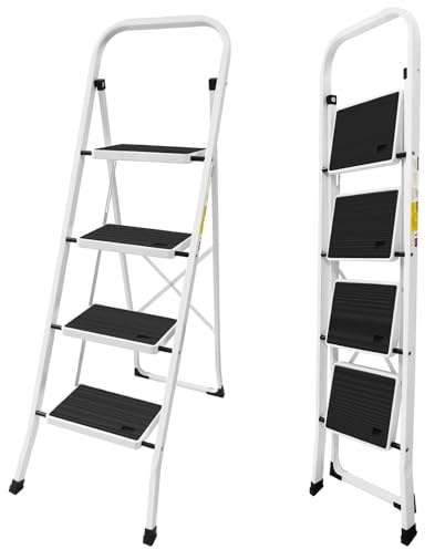 4 Step Ladder, Premium Quality Folding Step Ladder for DIY and Gardening - Anti Slip Feet, Easy to Store Ladder, 150KG Max Capacity - Durable Steel