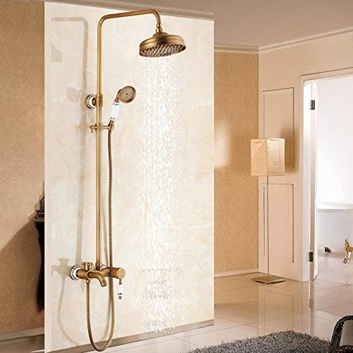 Wandmontiertes Duschset aus antikem Messing, Wasserhahn, 20,3 cm, Regenduschkopf mit Keramik-Handbrause,
