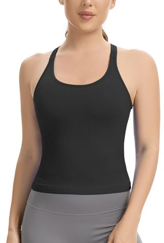 Lemef Vest Top with Built in Bra Sports Top for Women Ribbed Gym Tank Top Racerback Workout Yoga Shirt