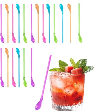WGCHAIE 20 Pezzi Cucchiaio di Paglia Riutilizzabili, 2 in 1 Cannucce Cocktail, Cucchiaio di Plastica Rimovibile, per Bere, Succhi e Cocktail, Gelato, Caffè
