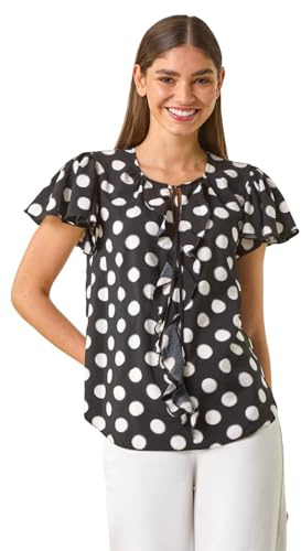 Roman Women Frill Front Vest Top Ladies Ruffle Blouse Summer Spring Special Occasion Evening Holiday Cruise Cocktail Party Short Long Sleeve Sleeveless V-Neck - Black - Size 18