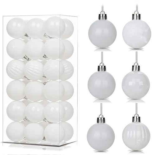 36Pcs White Baubles for Christmas Tree,4cm Mini Shatterproof Plastic Christmas Balls Ornaments with Strings,6 Design Xmas Baubles Hanging Balls for Indoor Outdoor Xmas Holiday Wedding Party Decor