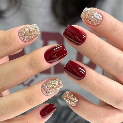 Nymora 24 Stück rote Press-on-Nägel kurz, Jelly-Gel, glänzende runde wiederverwendbare künstliche Nägel, künstliche Acrylnägel kurz, Maniküre-Sets für Frauen, ideal für Herbst und Winter