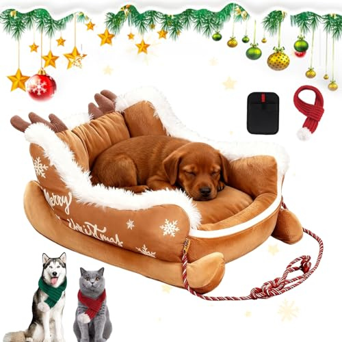Christmas Sleigh Dog Bed, Santa Pet Bed - Festive Cozy Insulated Nest, Removable & Washable Plush Pet Warm Sofa with Non-Slip Base, Christmas Cat Dog Nest for Winter Indoor Outdoor (Brown,S)