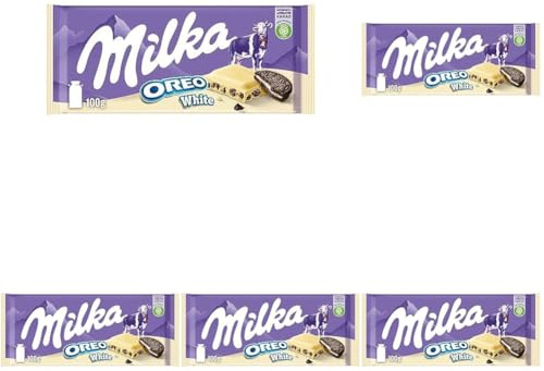 Milka Oreo White – Weiße Alpenmilch-Schokolade mit knusprigen Oreo-Keks-Stückchen – 100g (Packung mit 5)